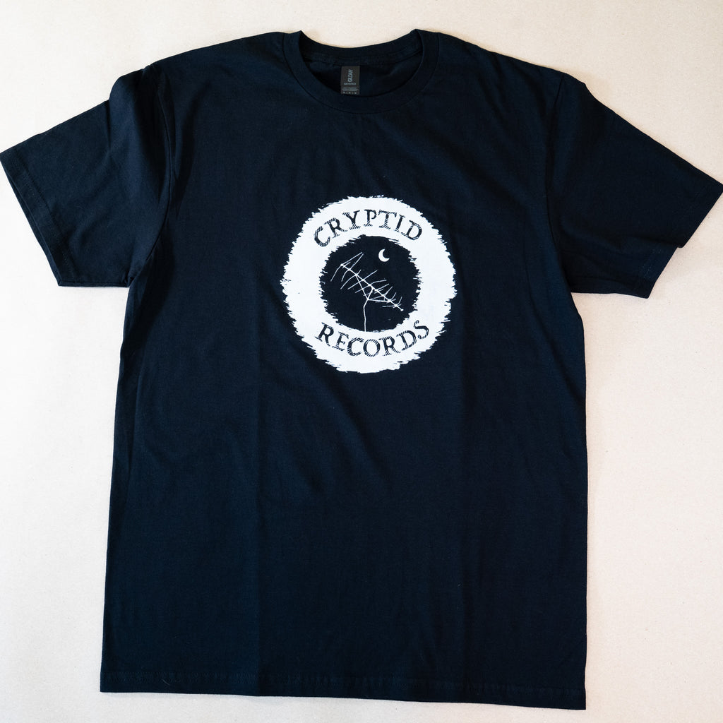 Cryptid Records logo screen print on black tee