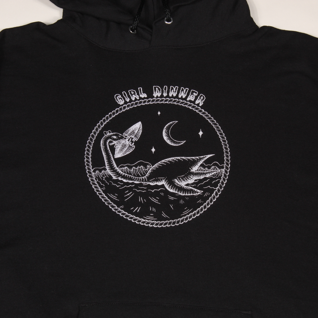 Close-up of Plesia Girl Dinner hoodie screen print detail