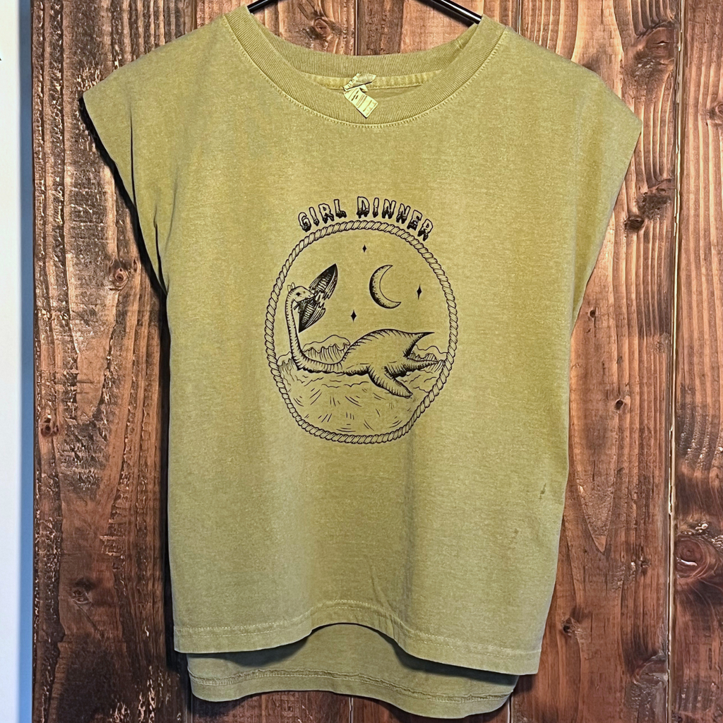Close-up of Plesia Girl Dinner muscle tank screen print detail