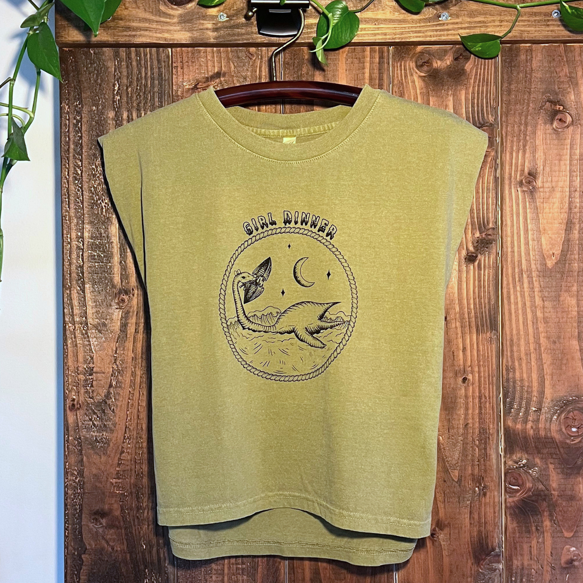 Plesia Girl Dinner muscle tank in olive green