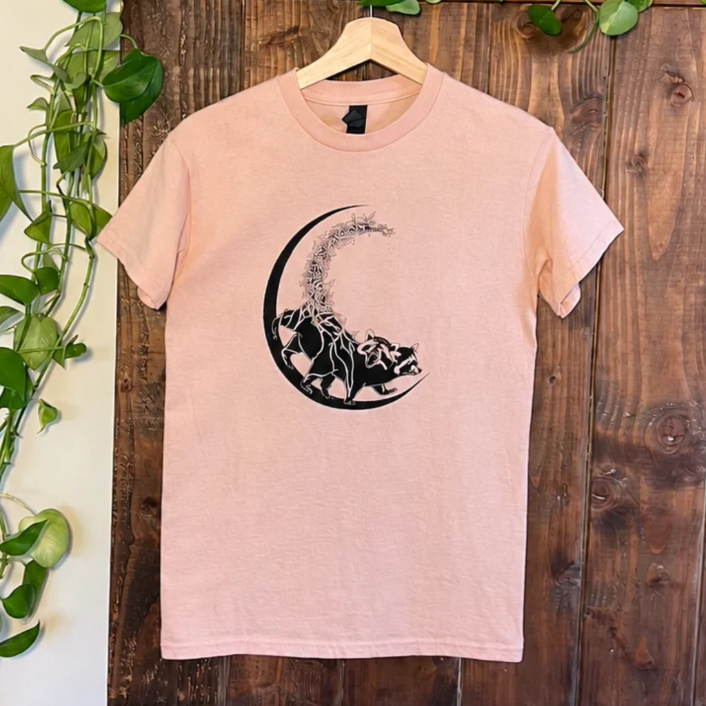Gizmo Treasure Tracker raccoon tee in dusty rose from Cryptid Records
