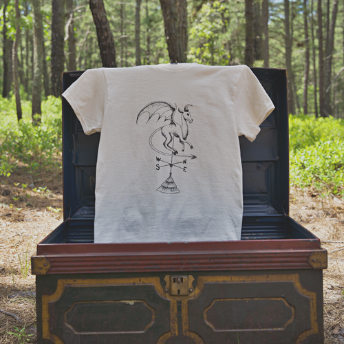 Batsto (Jersey Devil) T-Shirt in natural displayed on Cryptid treasure chest