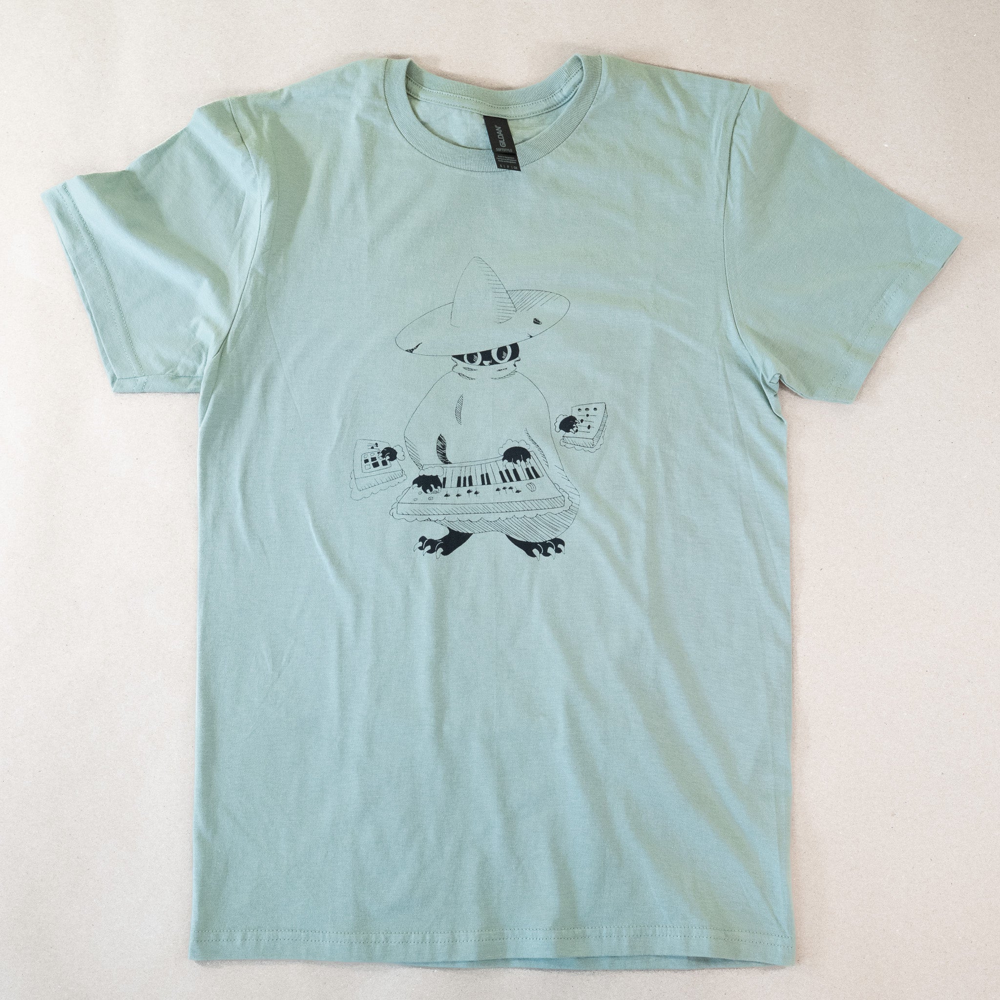 Maestro (keys wizard) graphic t-shirt from Cryptid Records in sage green