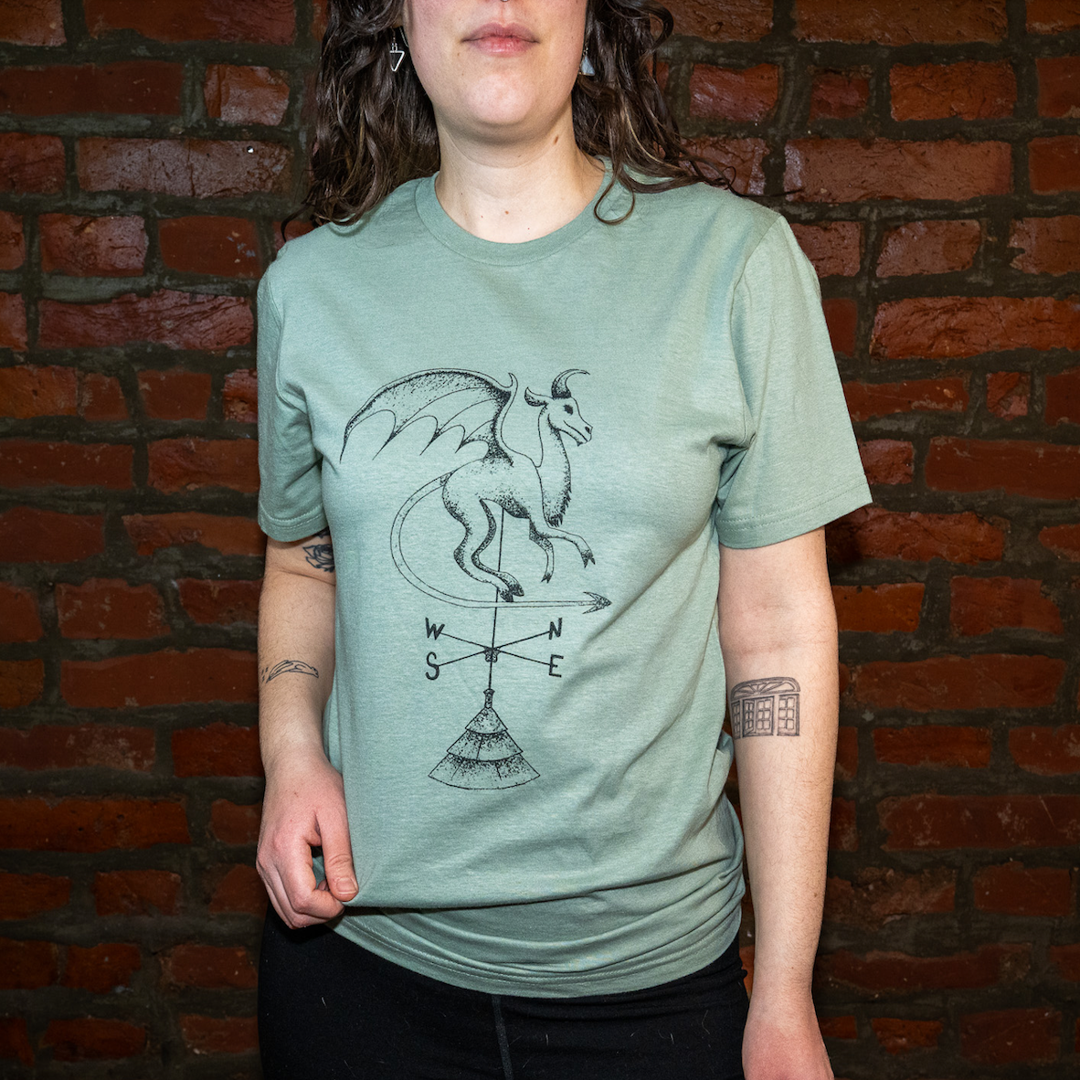 Model wearing Batsto (Jersey Devil) T-Shirt in sage green 
