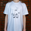 Model wearing Maestro (keys wizard) graphic t-shirt from Cryptid Records in white