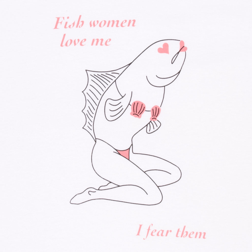 Close-up of the Sirena Fish Woman screen print in white