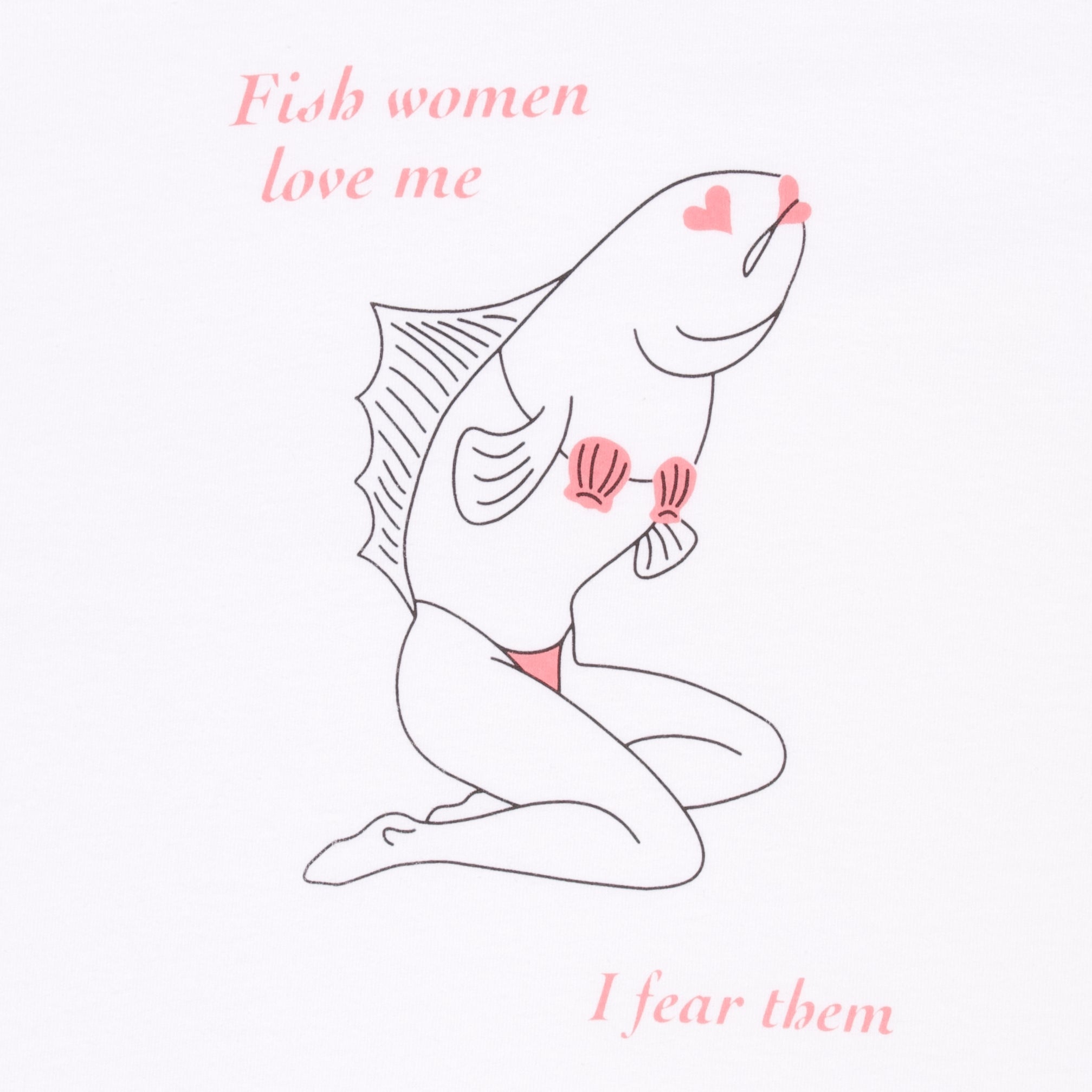 Sirena Fish Woman t-shirt close up in white