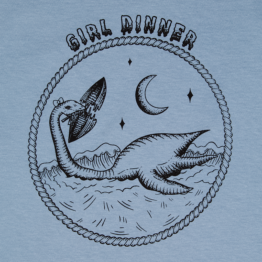 Close-up of Plesia Girl Dinner screen print detail, stone blue shirt