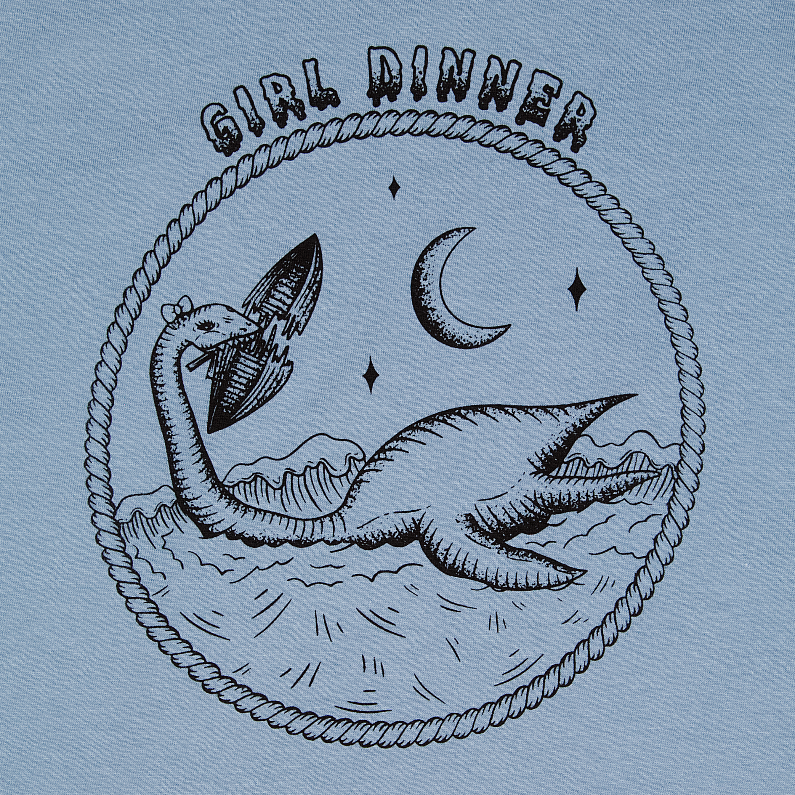 Close-up of Plesia Girl Dinner screen print detail, stone blue shirt