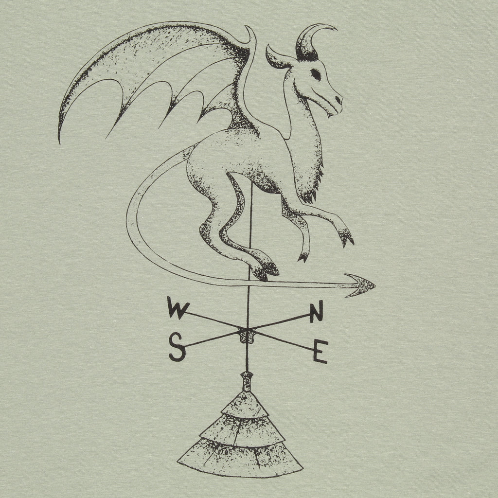 Close up of Batsto (Jersey Devil) T-Shirt in sage green 