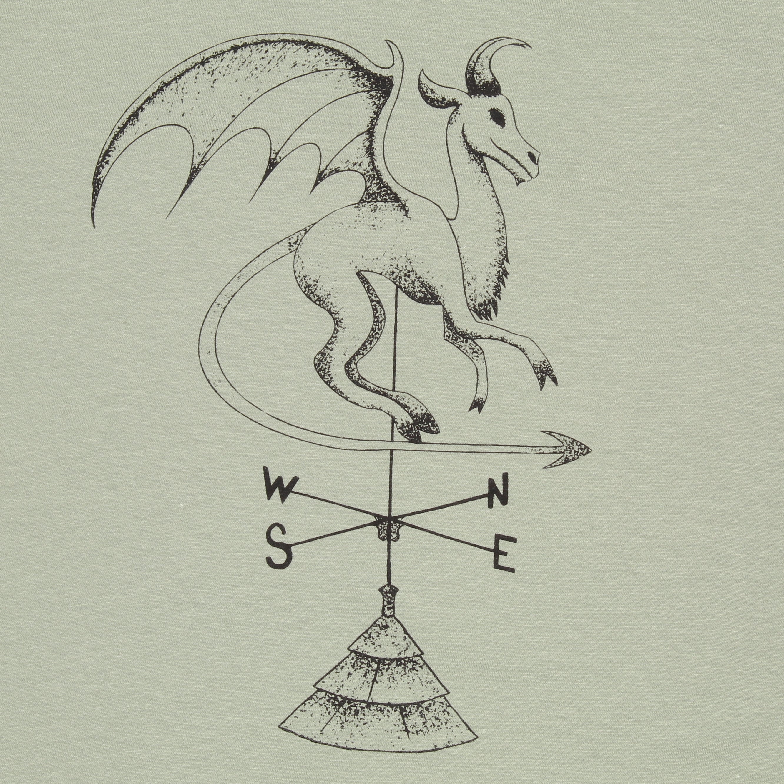 Close up of Batsto (Jersey Devil) T-Shirt in sage green 